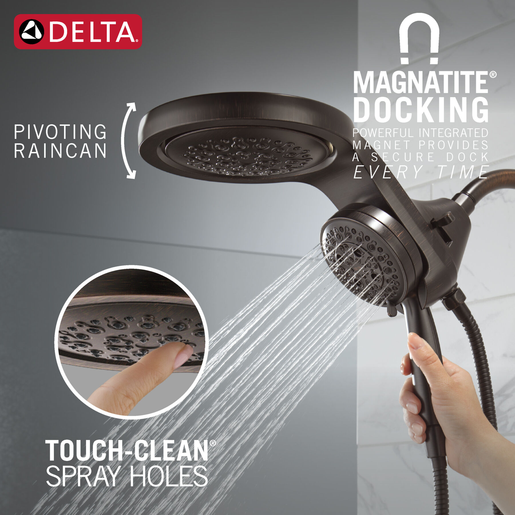 HydroRain&reg; H<sub>2</sub>Okinetic&reg; 5-Setting Two-in-One Shower Head